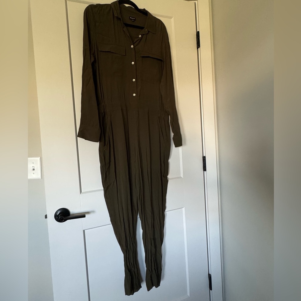 Madewell Dark Olive Jumpsuit Button Front Elastic Waist Size M